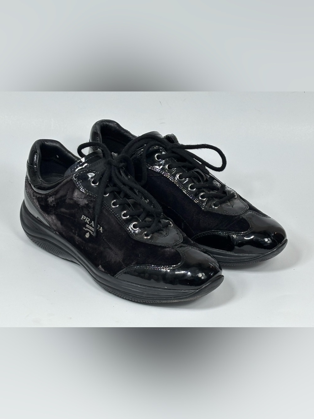 Prada Black Patent & Suede Lace-Up Sneakers Size 38.5